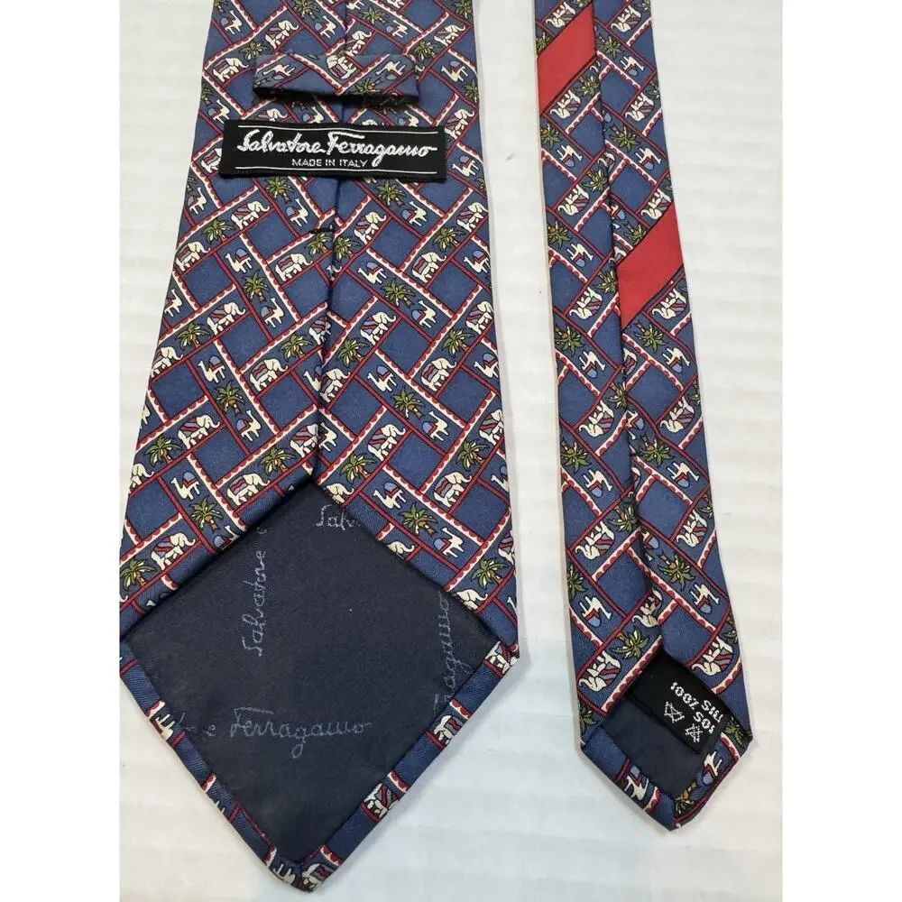 Salvatore Ferragamo Silk Tie Elephants Camels Palms Blue Red Novelty Print Italy
